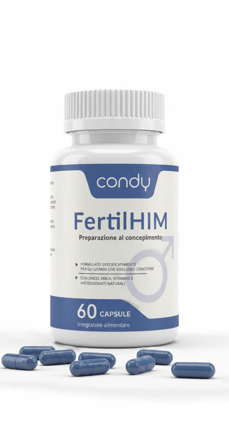 Integratore alimentare naturale condy fertilHim per il supporto della fertilità maschile con vitamine essenziali per il concepimento. 