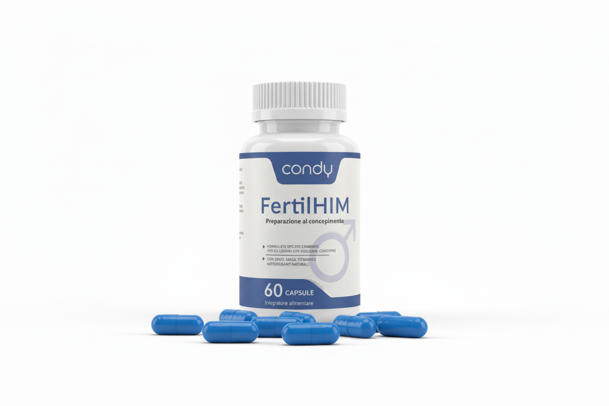 Integratore alimentare naturale condy fertilHim per il supporto della fertilità maschile con vitamine essenziali per il concepimento. 